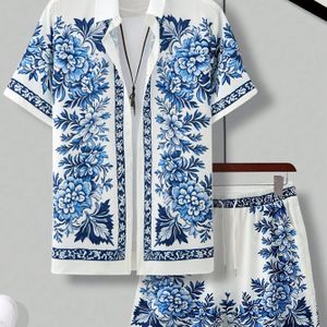 Twee sets casual knoopsluiting + sportshorts met kruisprint voor heren, twee-delige Hawaïaanse strand sportstijl