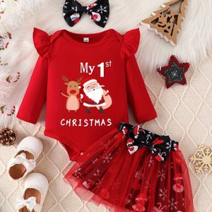 2 stuks Baby's "My 1st Christmas" Cartoon Kerstman Eland Print Bodysuit + Haarband + Mesh Splicing Rok, Peuter & Baby Meisjes Kledingset, Buitenkleding