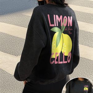 Dames Casual Vintage Gewassen Crew Neck Sweatshirt - "Limoncello" Grafiek met Citroen & Ontwerp, Zwart, Korte Mouw, Herfst/Winter Collectie, Casual Kleding|Vintage Stijl|Gewassen Textuur
