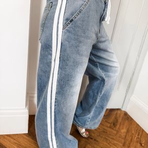 Wide-Leg High-Waisted Wash Blue Jeans - Met witte zijstrepen & broek, stretch denim pantalon met zakken, alledaagse en formele elegante rechte pijp jeans voor alle seizoenen (machinewasbaar)