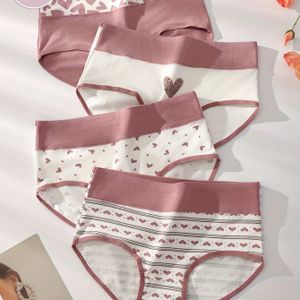 4 stuks hartvormige bedrukte slipjes, comfortabel en ademend, roze print, leuk, slim fit mid-high taille dames slipjes