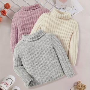 3-delige Herfst en Kinderen Veelzijdige Lange Mouw Set, Modieuze Turn-Collar Hoge Hals Geribbelde Kleur Top voor Zachte Comfortabele Warme Trui, Academische Stijl Gelaagde Basis Casual Outfit