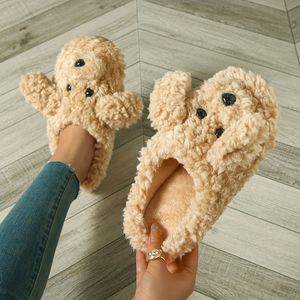 Schattige Pluche Teddy Hond Sloffen voor Vrouwen - Casual Stijl, Binnen- en Buitencomfort, Handwasbare Stoffen Slip-On Schoenen met EVA