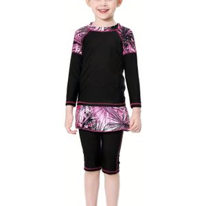 Meisjes Driedelige Lange Mouwen Zwempak Set met Zwart en Roze Palm Print, Sneldrogend, Apart Zwemkleding voor Zwembad, Strand en Surfen