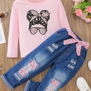 2-delige set 'Cowgirl Western Outfit - Roze strik & paardenprint lange mouwen T-shirt + gescheurde jeans, roze & blauwe denim set voor & (machinewasbaar, 2-delige set), perfect voor buiten