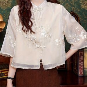 Chic Chinese Style Embroidered Chiffon Blouse For Women - Summer Fashion, Button-up Collared Shirt With Floral Pattern, Short Sleeve, Lightweight Fabric, Casual Attire