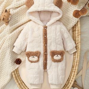 Jongens Winter Bodysuit met Schattige Cartoon Beer Print, Capuchon en Lange Mouwen – Ideaal voor Buiten