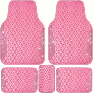 Pu-Lederen Autovloermatten Sparkle Diamant Vloermatten Rhinestone Sparkling Tapijt Antislip Waterdichte Matten Universele Pasvorm voor Auto SUV, Sedan, Van, 5- Set voor Meisjes Vrouwen Roze