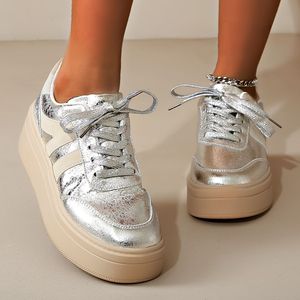 Silvery Sneakers Women's Platform Soles Lace-up Round Toe Casual Shoes