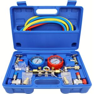 Heavy-Duty HVAC R134a/R410A/R22/R404A Koelmiddel Systeem Service Kit met Dubbelklepsysteem, Drukmeter & Lekdetector - Compatibel met R134a/R410A/R22/R404A