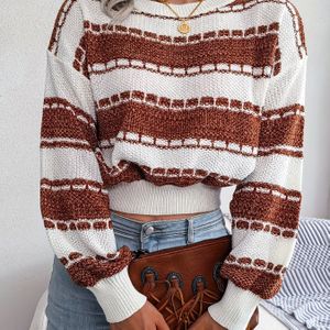 2022 Herfst/Winter Europees en Amerikaans Kleurblokkeer Gestreepte Lantaarn Mouw Casual Losse Trui
