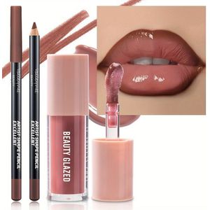 2 stuks/set Fluweelachtige Lippenmake-up Set - Lipliner - Lipglans - Waterdicht Langdurig Matte Effect, Rood, , Hydraterende Natuurlijke Lippenlook Combo