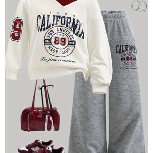 Producttitel: "California 89 Graphic Print V-hals Sweatshirt & Broek Set - Casual Losse Pasvorm, Lange Mouw, Herfstmode, & Perfect voor Buitenactiviteiten"