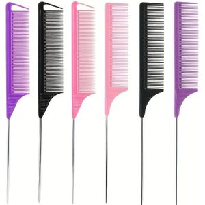 6-delige Lange Stalen Naald Teasing Kam Set, Muizenstaart Kam voor Salon Kappers, Vrouwen's Puntige Metalen Splitting Kam in , Zwart, Roze
