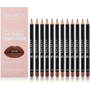 12-delige SHCOETY Matte Lipliner Potlood Set - Langhoudende Matte Lip Potloden met 12 Tinten (Roze, , Nude, Rood, Bourgondië, , Groen, Oranje, Geel)