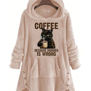 Kat & Letter Print Kangaroo Pocket Teddy Hoodie, Casual Lange Mouw Button Decor Hoodie Sweatshirt, Dameskleding