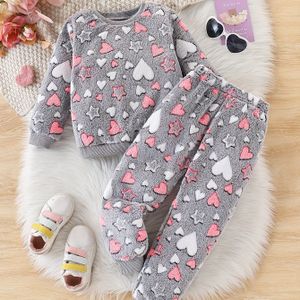 Zilveren Vos Fluweel Meisjes Grijze Ster Hart Herfst/Winter Warme Casual Lange Mouw Broekenset, Perfect voor Buiten