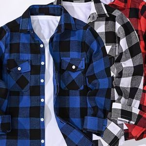 3-delige Heren Plaid Shirt Top met Turn- Kraag Lange Mouw Button-Up Casual Shirts voor Heren, Geschikt voor Dagelijks Gebruik en Vakantie Street Style