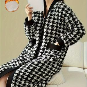 Winterse Warme Pluche Fleece Badjas voor Vrouwen - Zwart & Witte met Open Voorkant en Zakken, Zachte Comfortabele Loungewear voor Thuisontspanning, Kwalitatieve Loungekleding