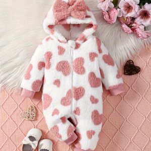 Enkel Meisjes Herfst-Winter Nieuwe Fleece-Gevoerde Bodysuit met Hartprint en Strikdecoratie, Open Voorkant Rits Lange Mouwen Capuchon Warme Schattige Kleding, Perfect voor Buiten
