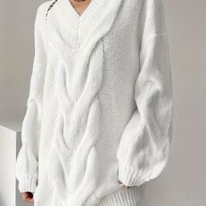 Casual Oversized V-hals Jurk voor dames - Losse pasvorm, Lange mouw, Middellange lengte, Wit, Perfect voor herfst en winter, Cozy Sweater Dress