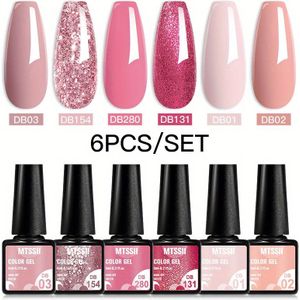 Set van 6 roze en rode gel-nagellakken met glittersequins, semi-permanente basis, matte topcoat, Soak Off en LED-nagelkunstgellak.