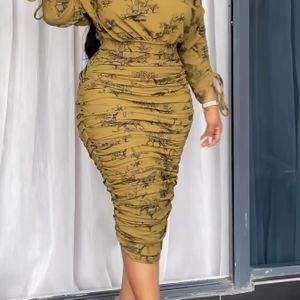 Dames Gedrukt Twee-Delige Set Elegante Lange Mouw Eén-Schouder Korte Taille Geplisseerde Trekkoord Top Hoge Taille Jurk Set