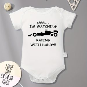 Babypakje met opdruk "Ik kijk met papa naar de race", casual korte mouwen outdoor onesie, kleding voor babyjongens.