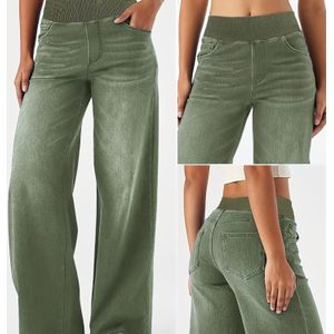 Dames High-Waisted Stretch Jeans - Niet-Doorschijnende Broek met Rechte Pijpen, Alledaagse & Formele Outfits - Groene Gewassen Jeans voor Dames - Casual tot