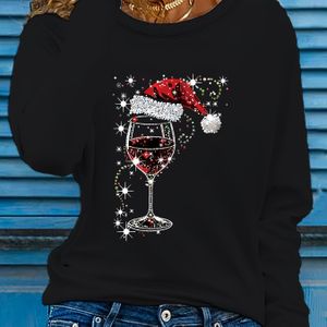 Kerstmode Dames Nieuwe Zwarte Ronde Hals Lange Mouw Gedrukte T-Shirt Top