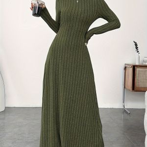 Geribbelde A-lijn Jurk voor Vrouwen - Lange Mouw, Coltrui Kleur, Machinewasbaar Lente/Zomer Elegant Casual tot Formeel , Klassieke Kraag, Duurzaam Materiaal, Modevrouwen