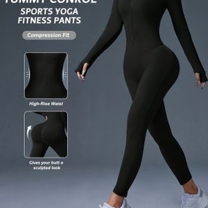 Dames Jumpsuit met Rits - Volledige Compressie Pasvorm (Buikcontrole) – Hoge Elasticiteit Slim-Fit Lange Mouwen Athleisure Pak voor , Outfit (- swear), Makkelijk te Onderhouden