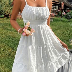 Zwitserse Dot Ruched Front Cami Jurk, Casual Mouwloze Ruffle Zoom Jurk Voor Lente & Zomer, Dameskleding Bruiloft Afstuderen Verloving Gelegenheid Ceremonie Feest Vakantie Verjaardag