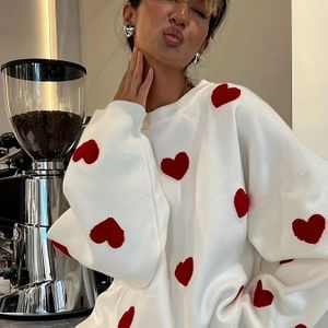 Valentijnsdag Hartpatroon Trui, Casual Trui Met Lange Mouwen En Lage Schouder, Dameskleding