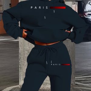 2024 Chique Dames Hoodie & Jogger Set Geïnspireerd door Parijs - Casual Lange Mouwen met Voorzak, Polyester, Machinewasbaar, Zwart