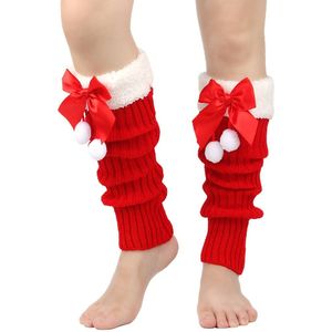 Over-de-Knie (OTK) Kerstsokken met Strik & Pom-Pom Rand - Groen/Rood/Dij- - als Kousen voor Feestjes, Winteroutfits (Handwas/Stomerij) - Gezellig Feestelijk Accessoire