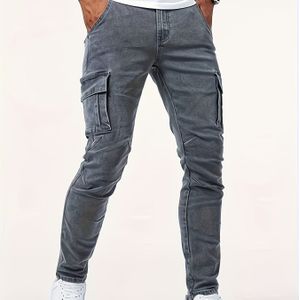 Herenslim-fit Gewassen Stretch Denim Jeans met Meerdere Zakken - Casual Zomerstijl, Lichtgrijs, Comfortabele Pasvorm voor Casual Kleding, Dagelijkse Jeans | Slim Fit Jeans | Medium Stretch Stof