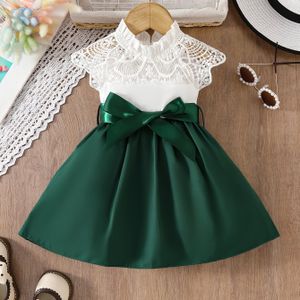 6M-2 jaar meisjes twee-delige set met kanten trim halslijn en kleur geweven jurk met riem voor de zomer