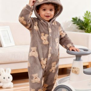 Gezellige Cartoon Beer Print Fleece Onesie voor Kinderen, Lange Mouwen, Zacht Polyester, Machinewasbaar, Perfect voor Herfst/Winter, Perfect voor Buiten