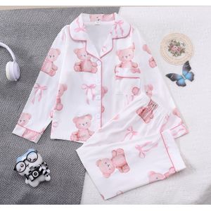 Meisjes Witte & Roze & Strik Print Pyjama Set met Lange Mouwen - Schattig Cartoon & Strik Design, Zachte Vlamvertragende Stof, Broek met Elastische Tailleband