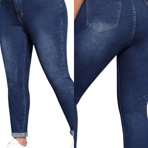 Stretch Skinny Jeans voor Vrouwen met Knoopdetail, Donkerblauwe Casual Denim Broek, Hoge Taille, Asymmetrische , Machinewasbaar, Comfortabele Pasvorm voor Casual Kleding