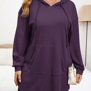 Plus Size, Casual Hoodie met Zakken voor Dames, Kleur Stof Top, Losse Pasvorm met Trekkoord