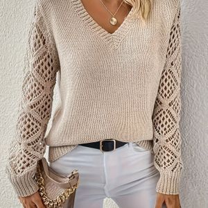 Vrouwen Elegante V-Hals Kanten Trui met Lange Mouwen - Slim Fit Beige Top voor Lente & Herfst, Veelzijdig Laagjes Essentieel, Kant Lange Mouw Top, Laagjessmode, Herfstkleding,