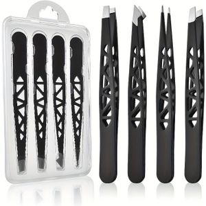 4-delige pincetten set met opbergdoos, 1 roestvrijstalen zwarte 96 platte pincet en 4 wenkbrauwpincetten met wenkbrauwtrimmer, haartrekker en plastic etui, cadeau voor mannen voor ontharing