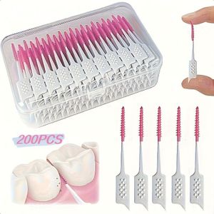 200 zachte siliconen tandenstokers met een aardbeienaroma, geschikt voor het reinigen van tandenstellers, het tandensteken en het onderhouden van de mondgezondheid.