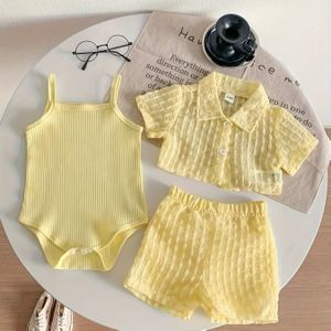 Baby Meisjes Vakantie Vrijetijdsstijl Textuur Stof Korte Mouw Shirt + Shorts + Bretels Romper 3- Set - Ideaal voor Dagelijks Gebruik, Exclusief voor de Zomer P101568, Perfect voor Buiten