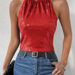Stijlvolle Rode Pailletten Haltertop voor Vrouwen - Chique Rugloze Mouwloze Zomerblouse, 100% Polyester, Machinewasbaar