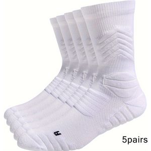 5-paar heren basketbalsokken met hoge en voetboogdemping - Zware atletische sokken, wit/zwarte teen grip, dempende technologie voor & gym (meervoudig waardepakket)