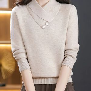 Vrouwen Casual V-hals gebreide trui, kleur lange mouw top met neppe knopen, Viscose 75% Polyester 25%, Fit, 210g/m² gebreide stof