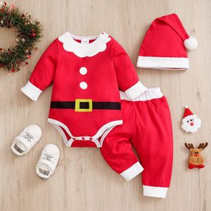 2 stuks 's Kerst Co-Ords, Bodysuit & Kerstmuts & Broek, Peuter & Jongens Kledingset Voor Herfst, Buitenkleding
